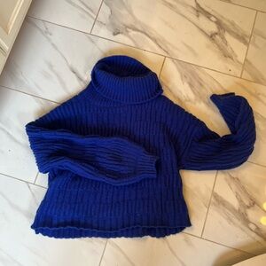 Royal Blue Chunky Knit Cowl Turtleneck Sweater